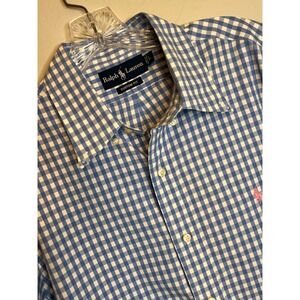 Ralph Lauren Men's Large Custom Fit Gingham Short Sleeve Shirt Pink Pony